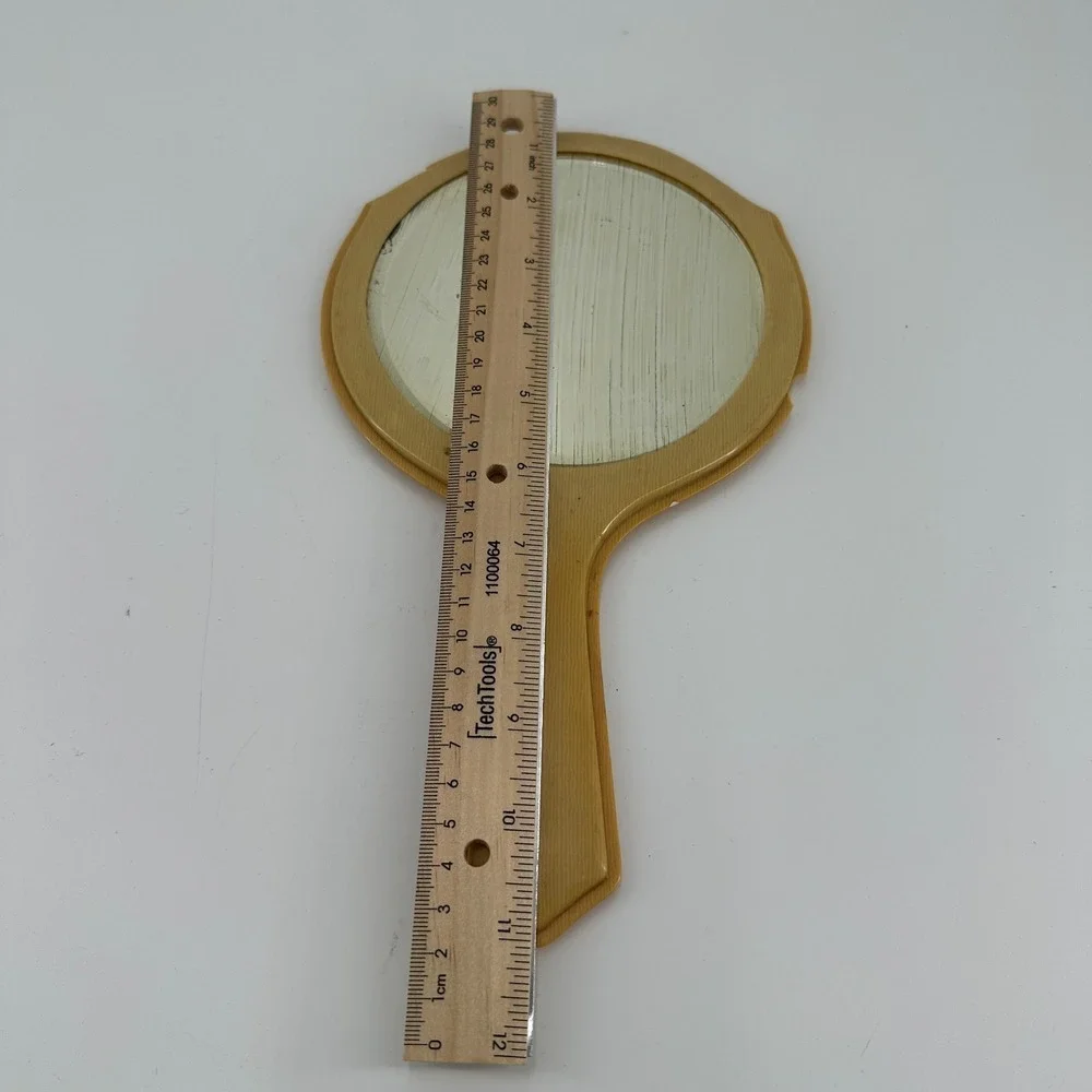 Vintage Celluloid Hand Mirror Butterscotch Tan Wood Grain Texture 11.5 Inch